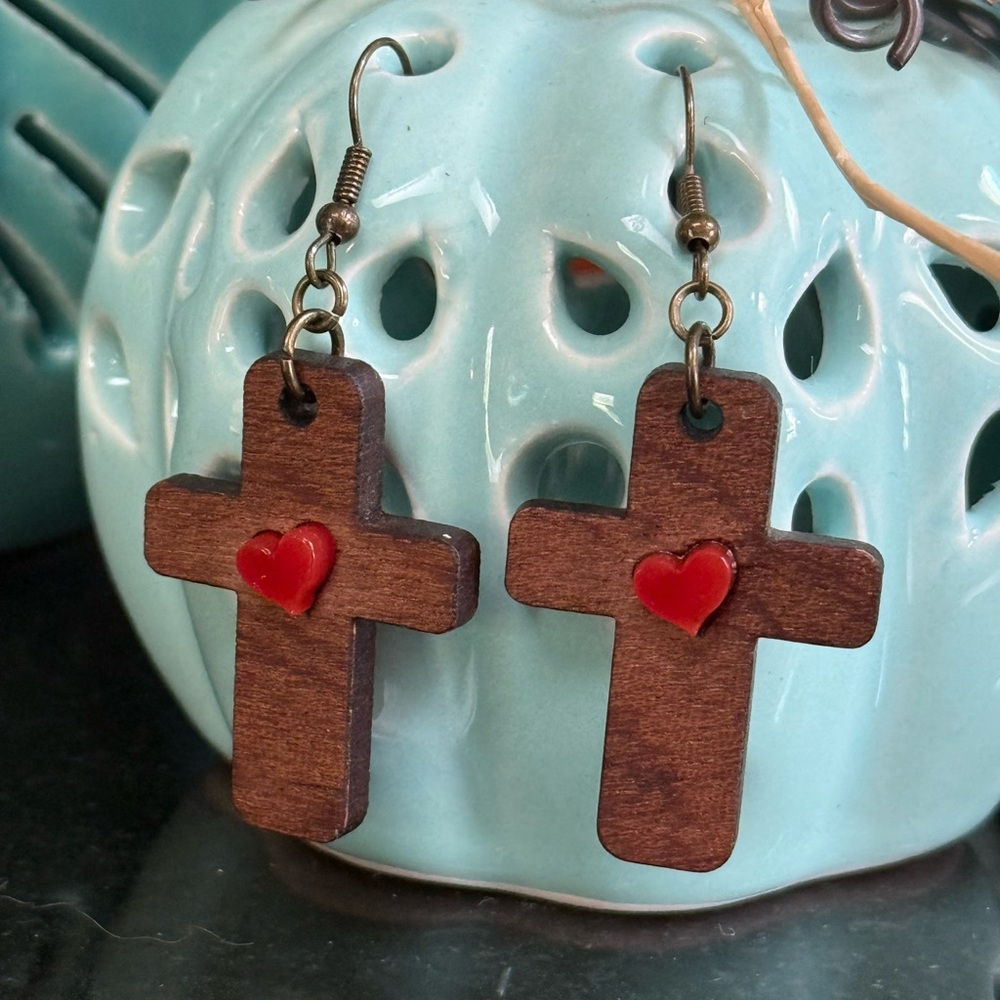 Rustic Wooden Cross Earrings with Red Heart